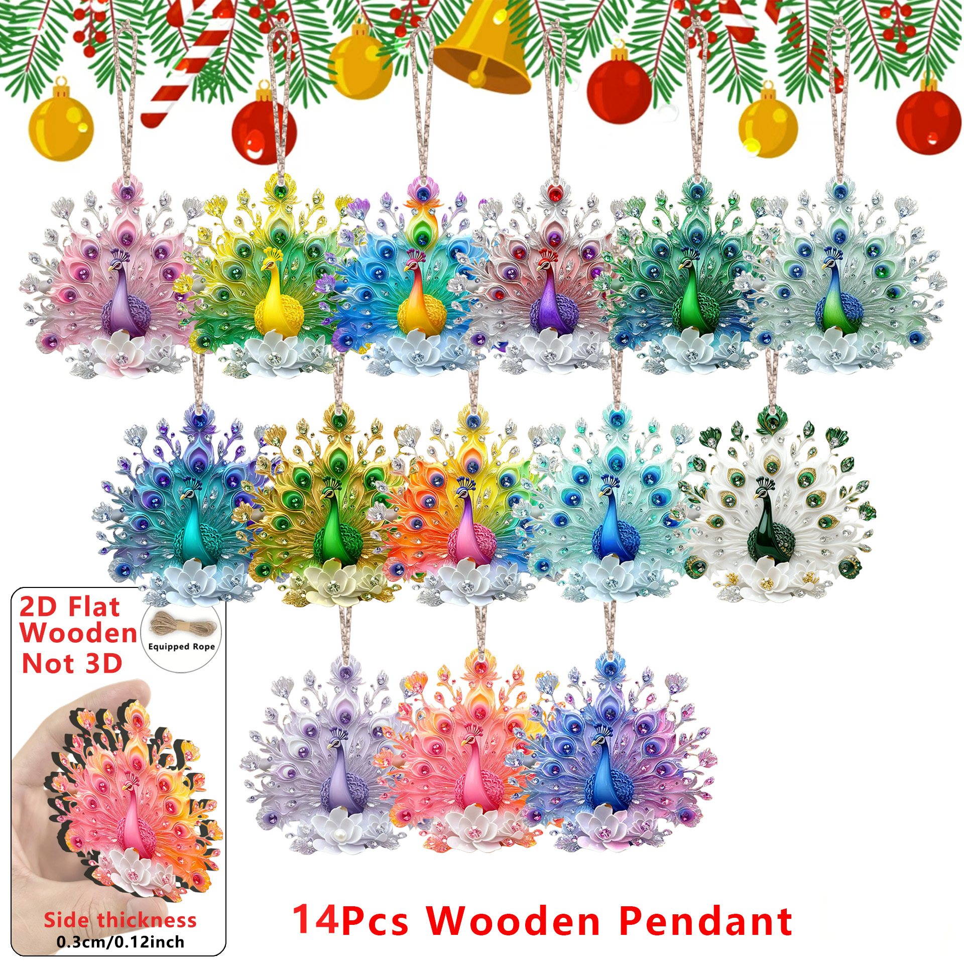TEMU 2d Flat - 14pcs Set Of Elegant Crystal Peacock Wooden Ornaments For Christmas, Suitable For Home And Office Decor, Classroom Decoration, Holiday