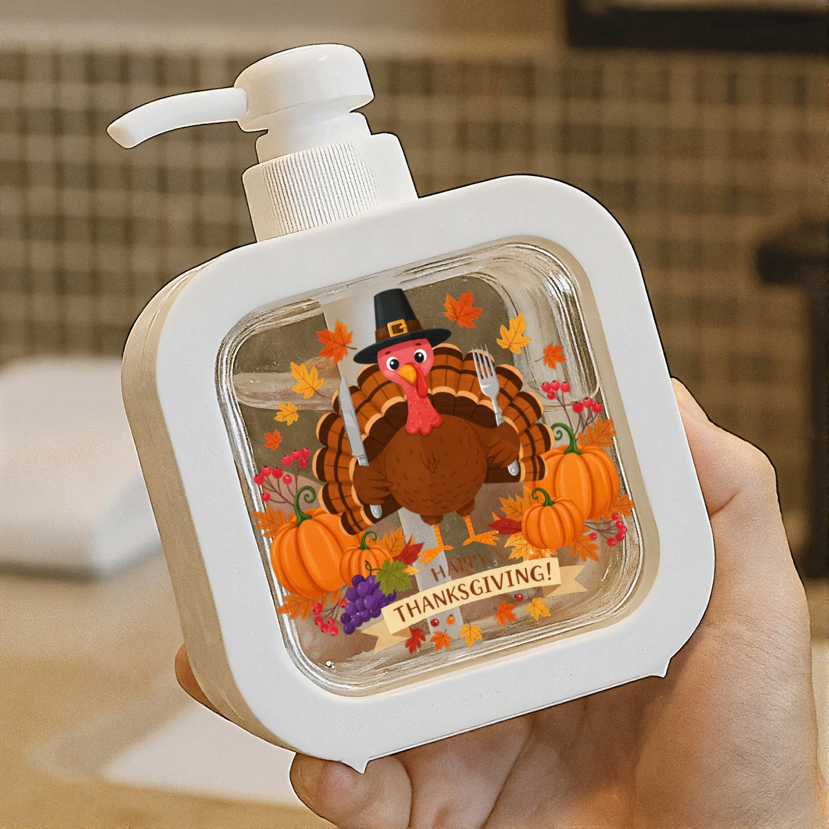 TEMU A Thanksgiving Turkey And Pumpkin Designed Soap Dispenser Featuring Autumn Leaf Patterns - A Refillable Plastic Pump Bottle Suitable For Hand