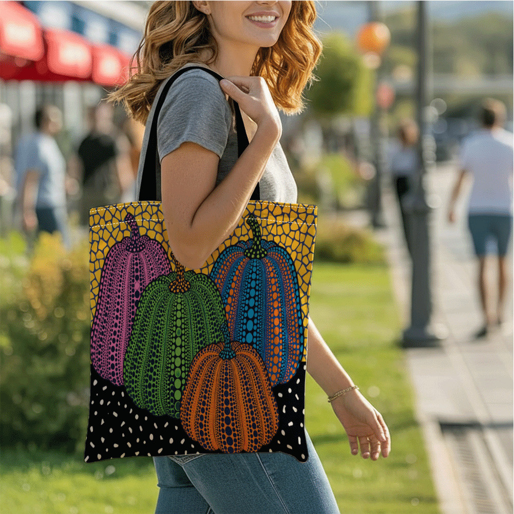 TEMU カラフルなカボチャの装飾とな背景のデジタルプリント ファッションショッピングトートバッグ - 固定ショルラップ付き 再利用可能なショッピングバッグ 丈夫で 日常使いに最適 大型トートバッグ クリスマス ハロウィン 新年ギフト 誕生日プント