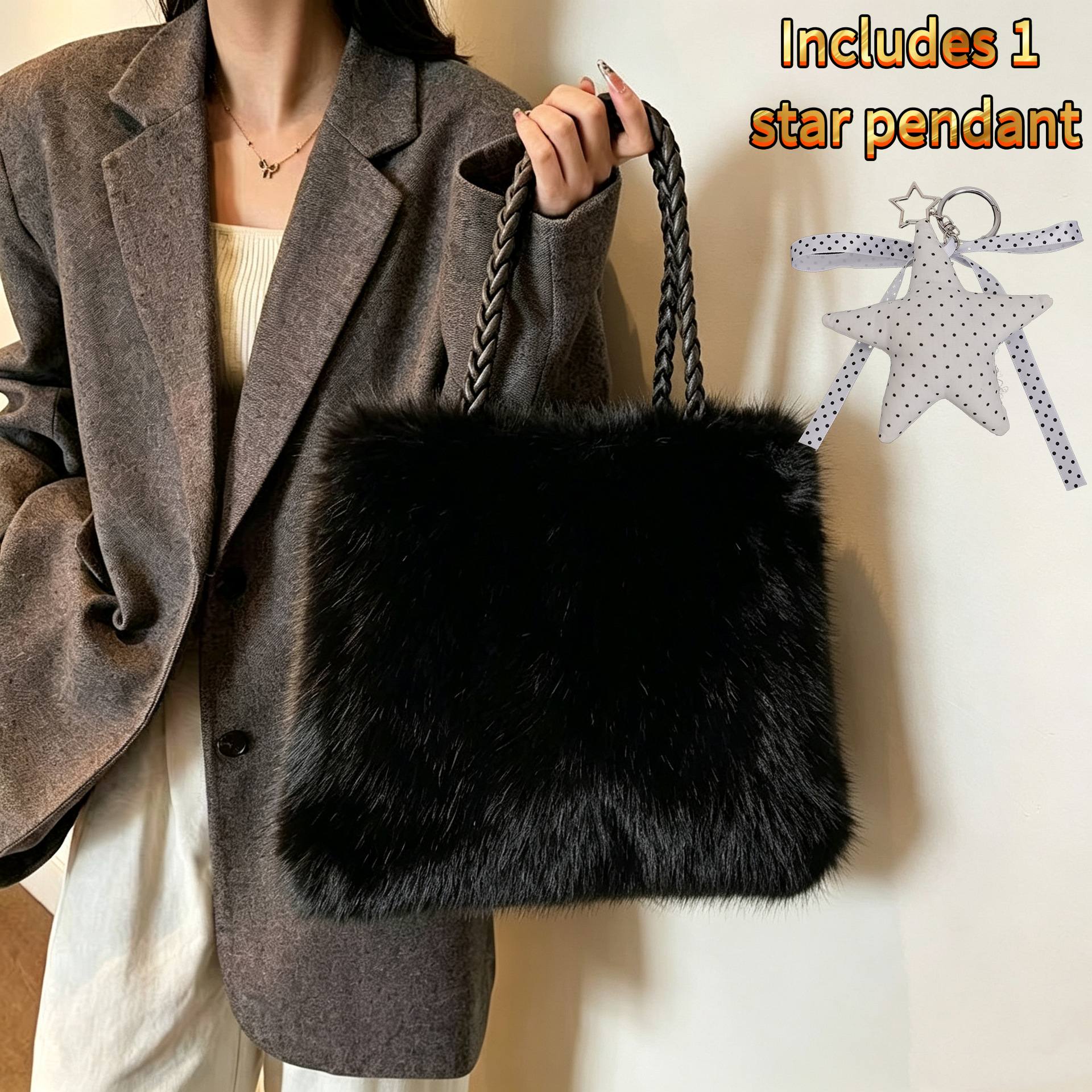 TEMU Borsa a tracolla 2026 Moda All-Match Borsa in Peluche Intrecciato Casual Borsa a Spalla Grande Capacit� Tote Bag