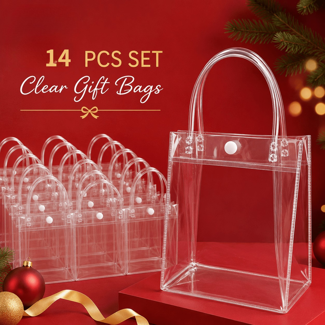 TEMU 14pcs Set Of 5.31 × 6.10 × 2.76 Inch Thick Reusable Transparent Pvc Gift Tote Bags, Dustproof With White Loop Handles, For Weddings, Birthdays,