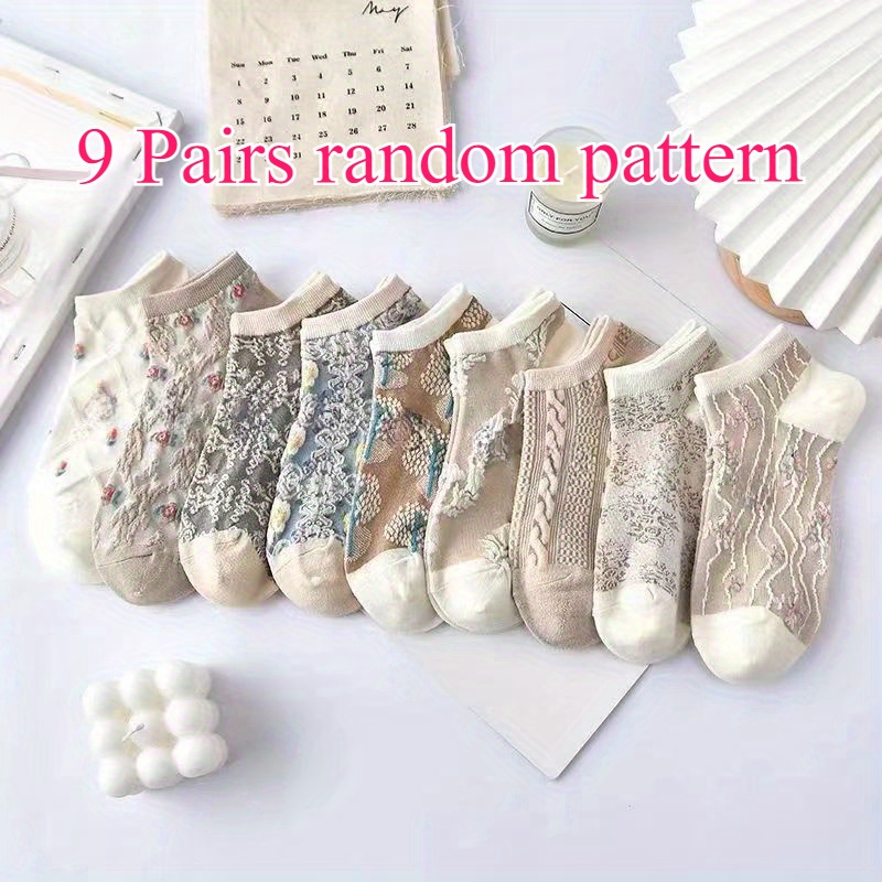 Image of 9 Pairs Of Low-cut, Shallow-mouthed Retro Literary Style Socks For Spring And Summer, Breathable And Sweat-absorbing Thin Short Socks