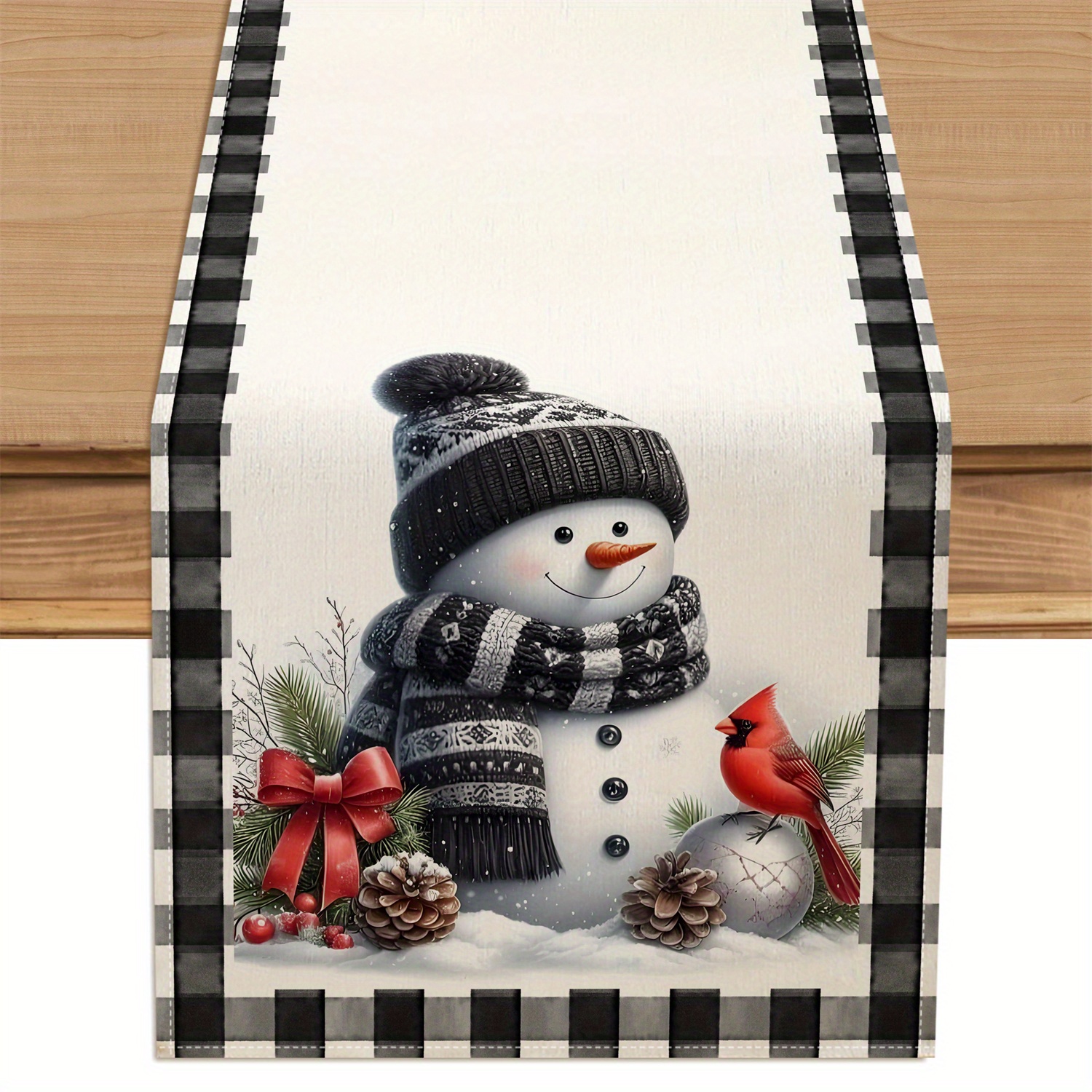 TEMU 1 pièce Nappe de Noël, Motif à Carreaux Buffalo Blanc et Rouge avec Neige, Cardinal, Ruban Et Branche de Pin pour Table À Manger, Cuisine ou