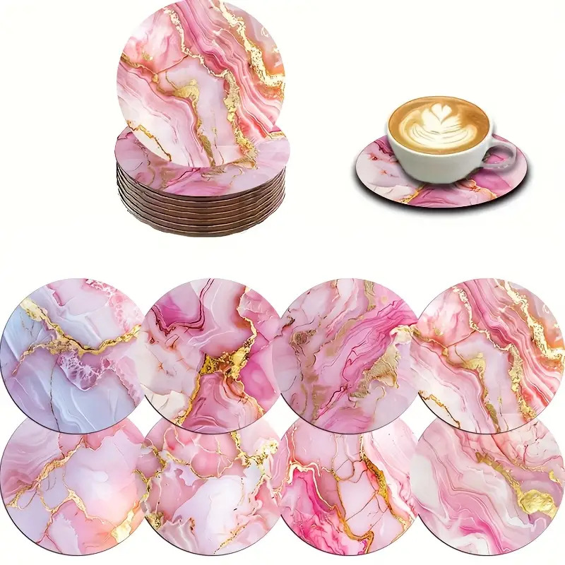 TEMU 8pcs Pink Marble Wood Coasters Suitable For Use - Wood Wood Grain Table Protectors With Pink Marble, Pink Marble Tableware Gift For Coffee Tea