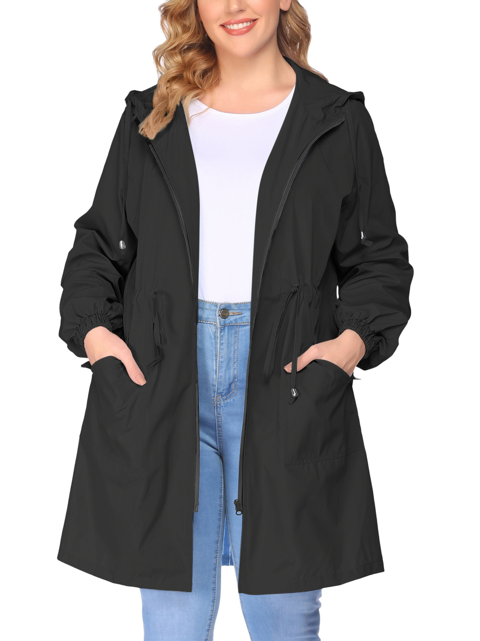 women's rain jacket plus size long raincoat lightweight hooded