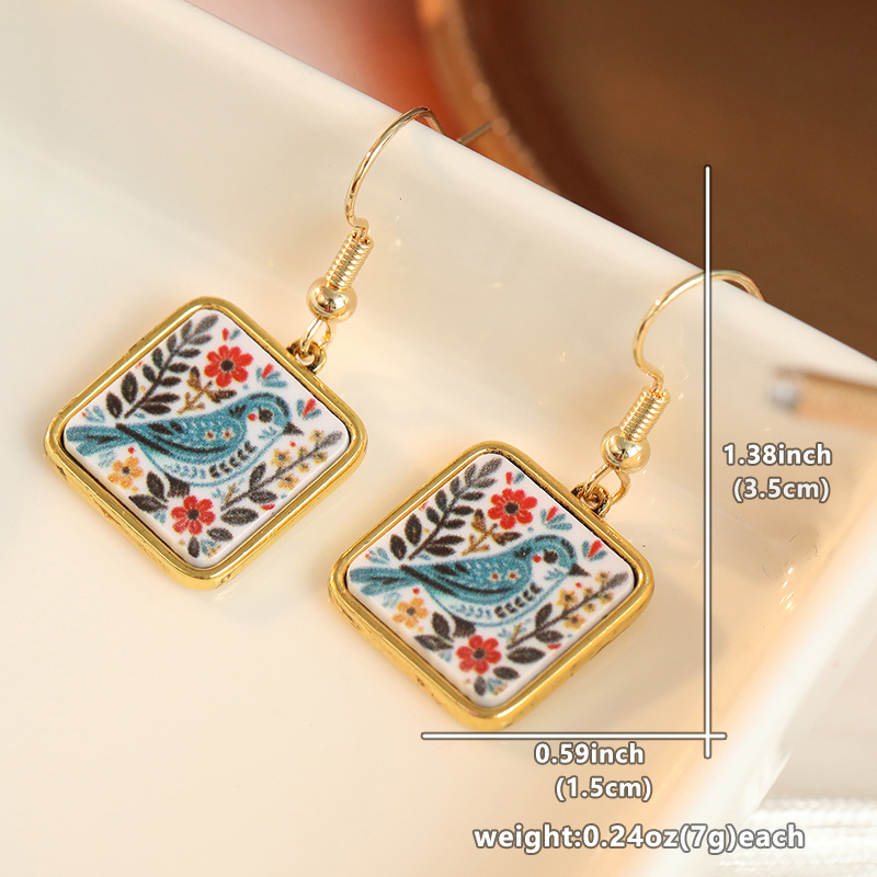 Women's Colorful Flower Bird Pattern Printed Square Pendant Earrings