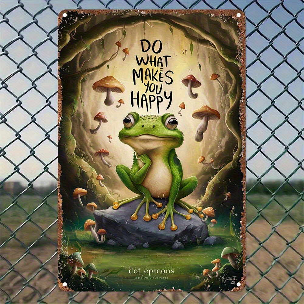 TEMU 1pc Vintage Frog & Mushroom Metal Tin Sign - "do Happy" Whimsical Wall Art, Waterproof & Dustproof Aluminum Poster For Indoor/outdoor Home,