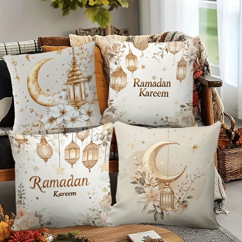 4pcs Single-sided Printed Peach Skin Pillow Case Ramadan Decorative Moon Lantern Lantern Star Flower Pillow Case Golden White Comfortable Soft Pillow Case, Suitable for Living Room Bedroom Sofa Bed Decoration, Pillow Core-free