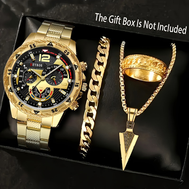TEMU 4pcs Men's Luxury Watch & Set With Matching Bracelet, Necklace & Ring - Quartz Wristwatch Suitable For Business & Casual Wear, Elegant Gift For Christmas/graduation/teacher's Day (4pcs)