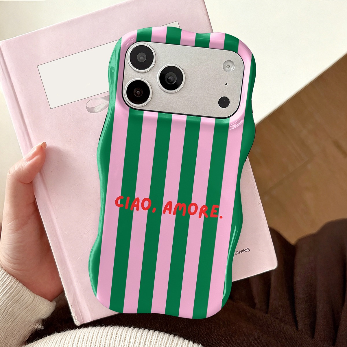 TEMU Phone Case: Green Pink Stripes -one Tough Curly Wave Frame Phone Case, Glossy Finish, Dual Layered Hard Case For Superior Protection, Durable,