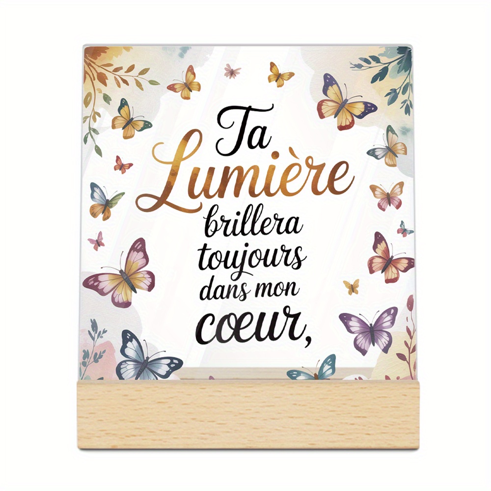 TEMU Plat 2D, Plat 2D Putuo Decor 1 pièce Panneau Acrylique Français avec en Bois, Décoration de Table, "Ta Lumière Brillera dans Mon Cœur,"