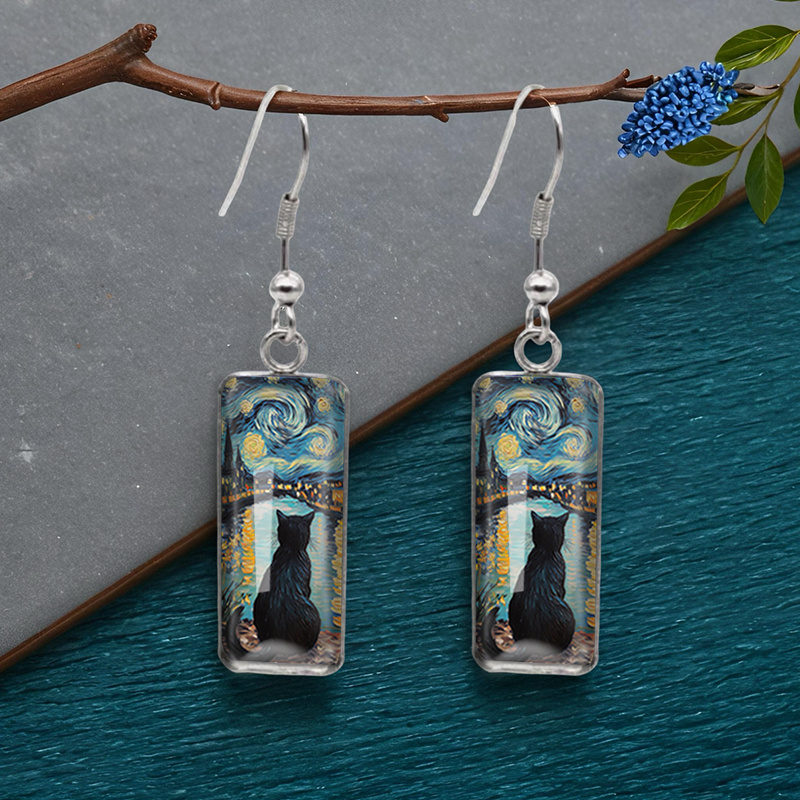 TEMU A Pair Of Square Earrings Featuring A Starry Night Black Cat Oil Painting, Handmade Glass Additions, Without Battery