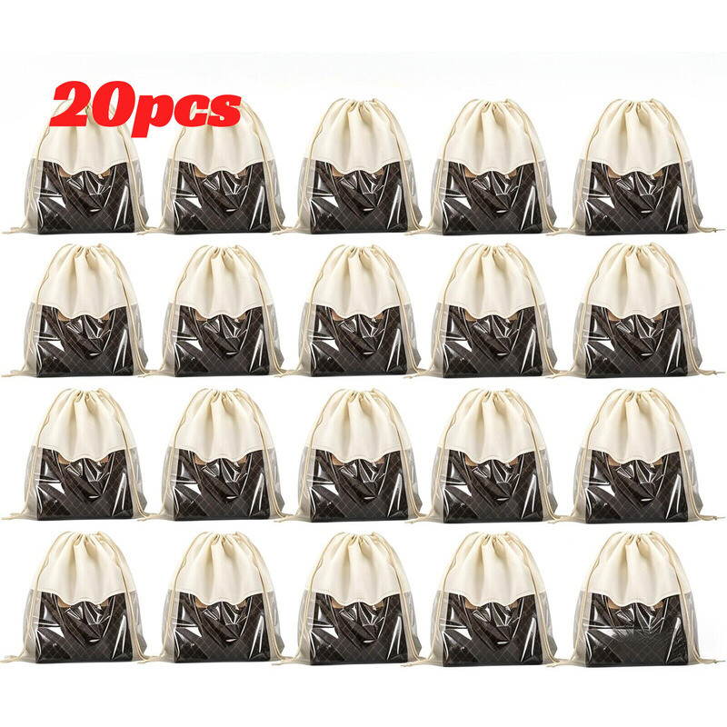 TEMU Gift For Her/him 20pcs Beige Drawstring Dust Bags With Clear Window, Breathable Non-woven Storage Pouches For Handbags, Shoes, Purses, Hats,