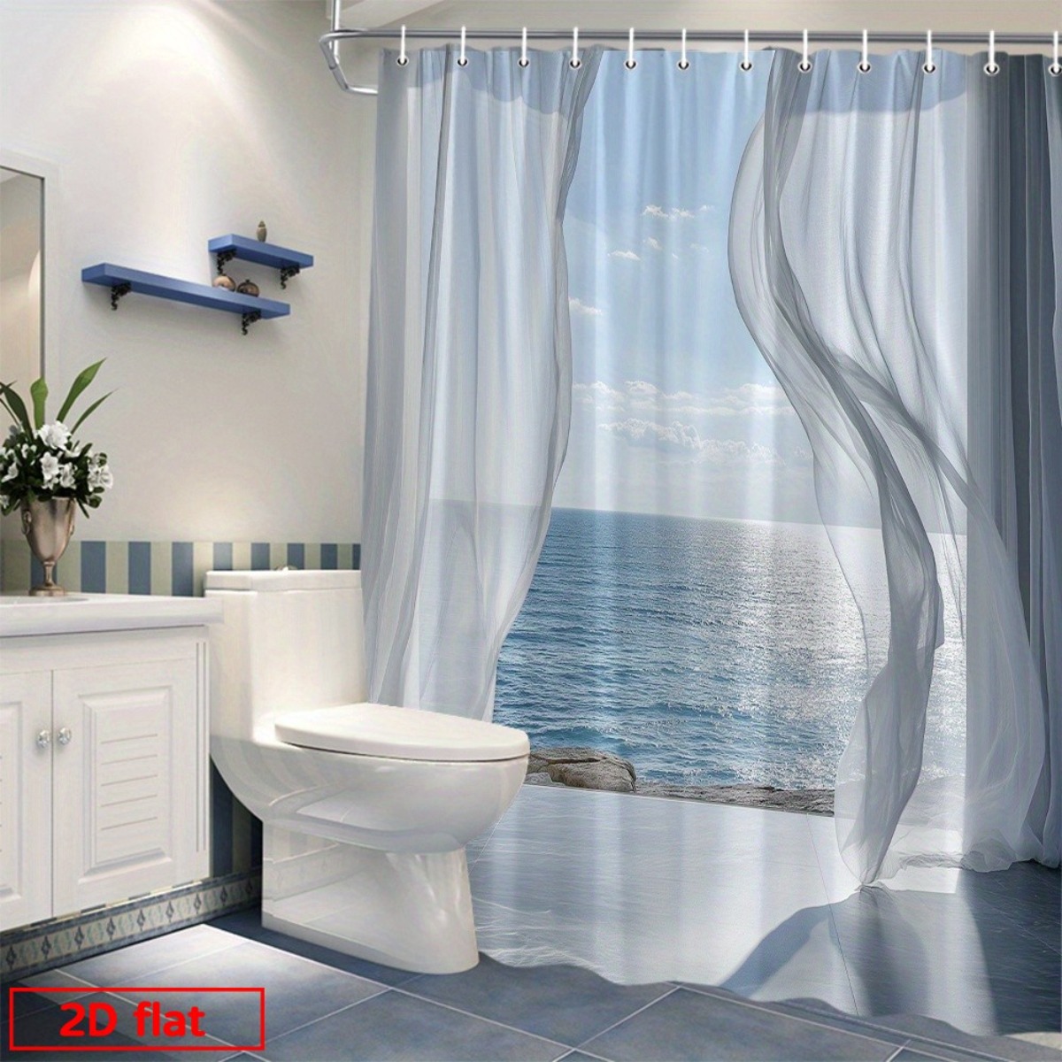 TEMU 2d Flat, 2d Flat Printing Shower Curtain, 1pc, Curtains Shower Minimalist And Seaside Scene With 12 Hooks, 2d Flat