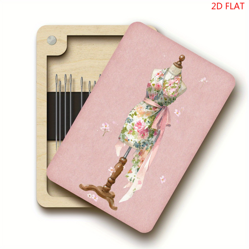 TEMU 1pc Magnetic Sewing Needle Organizer Box (pink Dress Pattern) - Wooden Box Body, Magnetic Organizer For Needles And Thread, Suitable For Sewing,