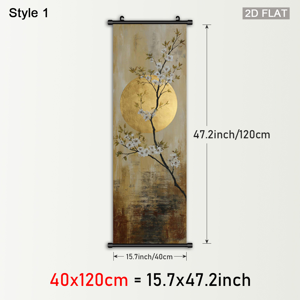 TEMU 2D Piatto, 1pz /Stile Cinese Bokujou /Rotolo di Ramo da Parete - su Tela con Cornice in Plastica e Gancio, Foglia Luna e Fiori di Ciliegio per