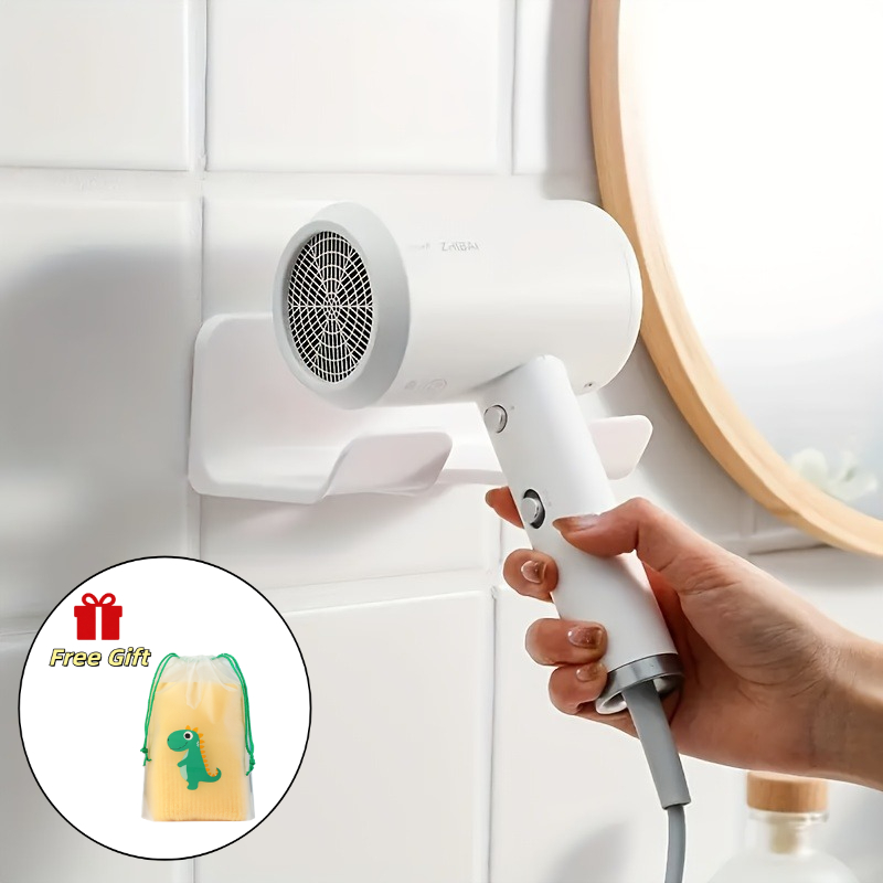 TEMU -drill Bathroom Hair Dryer Holder, Includes 1 Green Dinosaur Transparent Bag, Strong Adhesive - Space-saving Wall-mounted Storage Rack, Durable