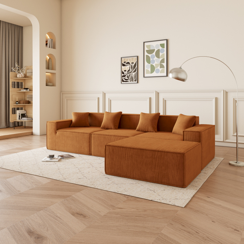 1 stuk moderne oranje modulaire l-vormige hoekbank met omkeerbare chaise, diepe zitkussens, comfortabele gestoffeerde stoffen bank voor wonen, ruimtebesparend appartementmeubilair, schuim-katoenen interieur, eenvoudige montage details 5