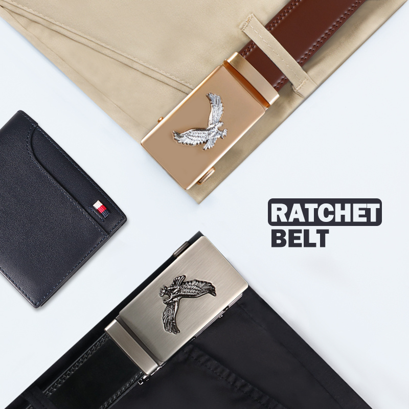 Men's Adjustable Leather Ratchet Belt with Alloy Buckle