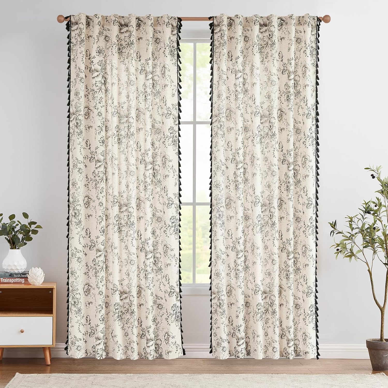 TEMU 1pc Of Textured Printed Curtain With A , Weighing 160 Grams, Blackout Privacy Curtain, Digital Printed Curtain, Black Floral Curtain