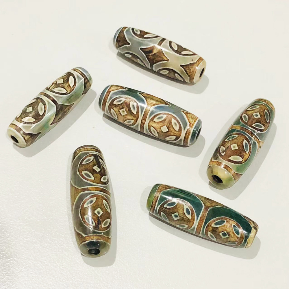 

1pc Agate Dzi Bead Charm - Intricate Green & Brown Patterns, Ideal For Diy Bracelets, Necklaces, & Beads Crafting