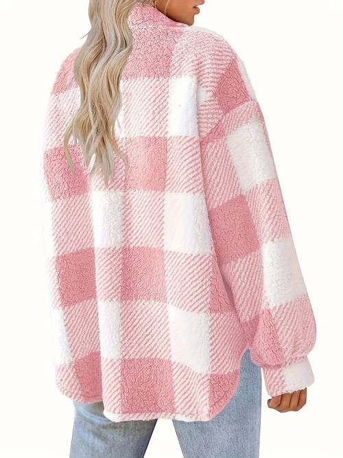 womens chic colorblock cozy fleece lined button long sleeves stylish collared design in pink white cold
