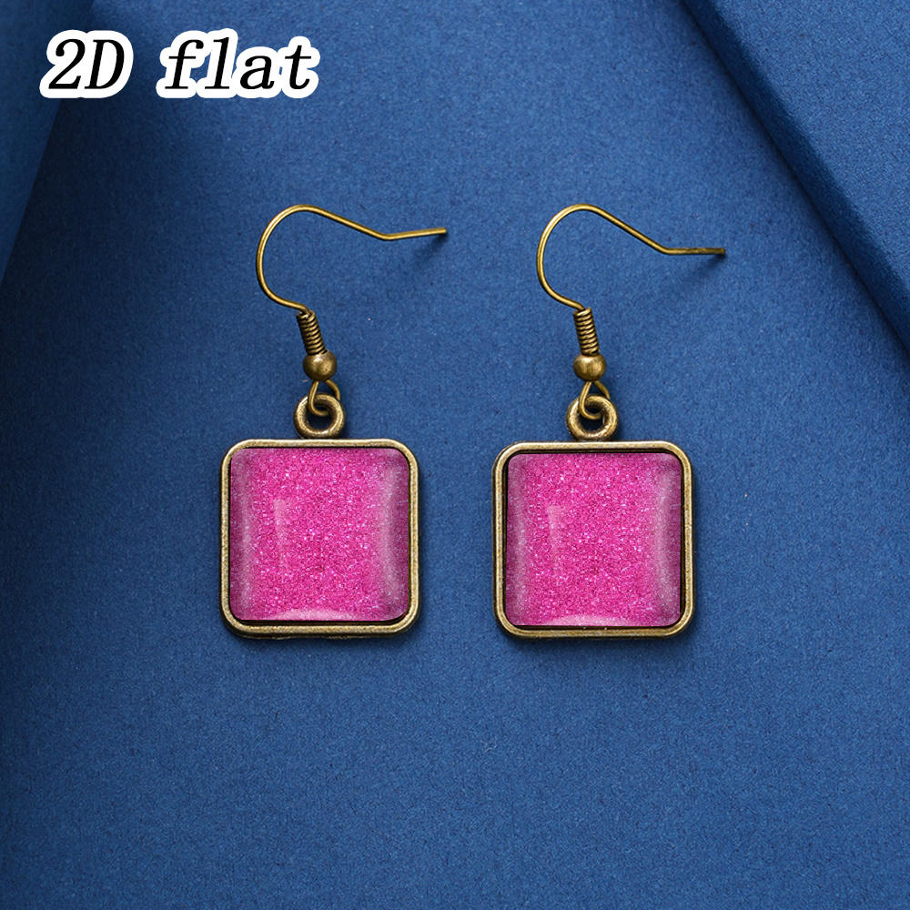 TEMU 1 Pair Translucent Fuchsia Pearlescent Fine Glitter Pattern Earrings, Square Framed With Time Gem Glass Inlay, 2d Flat, Spring Summer Ear