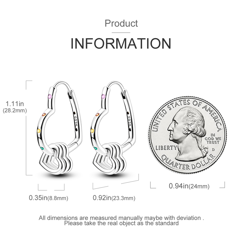 Exquisite 925 Silver Heart Earrings with Multicolor Zirconia