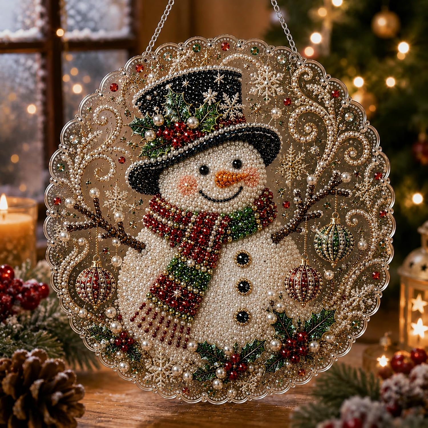 item picture 2d flat christmas diamond painting light absorbing board kit handmade pre assembled metal chain acrylic round board with lace edge 3d mixed size pearl bead craft holiday window and wall decoration