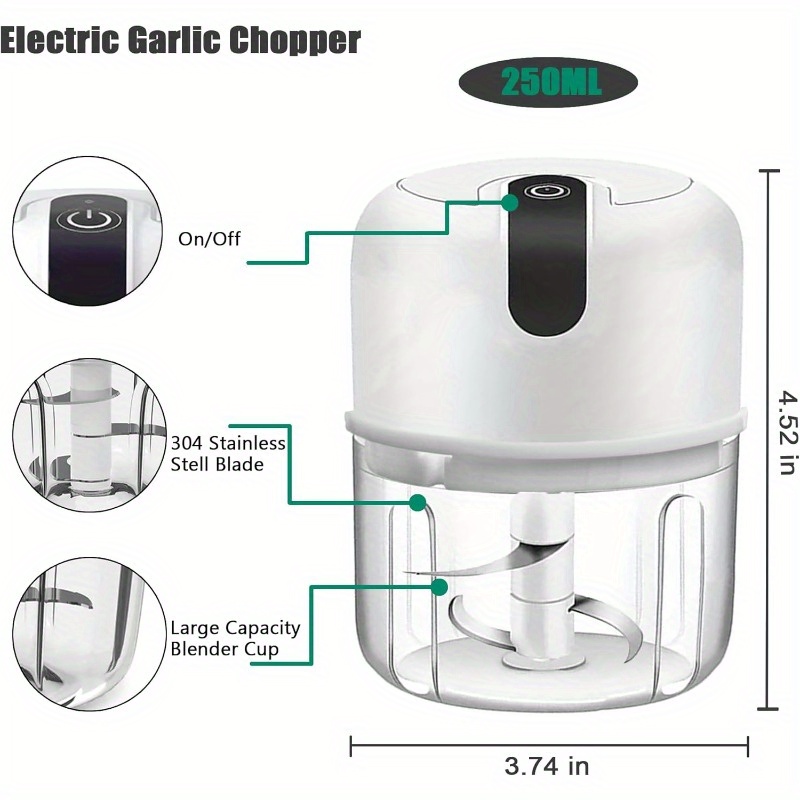 8.45oz electric garlic chopper, a compact and   grinder,   chopping garlic, onions, and blending   foods like ginger, chili, and meat., food processor electric, electric food chopper, food processor for kitchen, mini food processor, mini food chopper, chopper for food and vegetable, vegetable and fruit chopper, vegetable slicer and chopper, vegetable chopper, kitchen gadget, food processor, onion chopper Product details 2