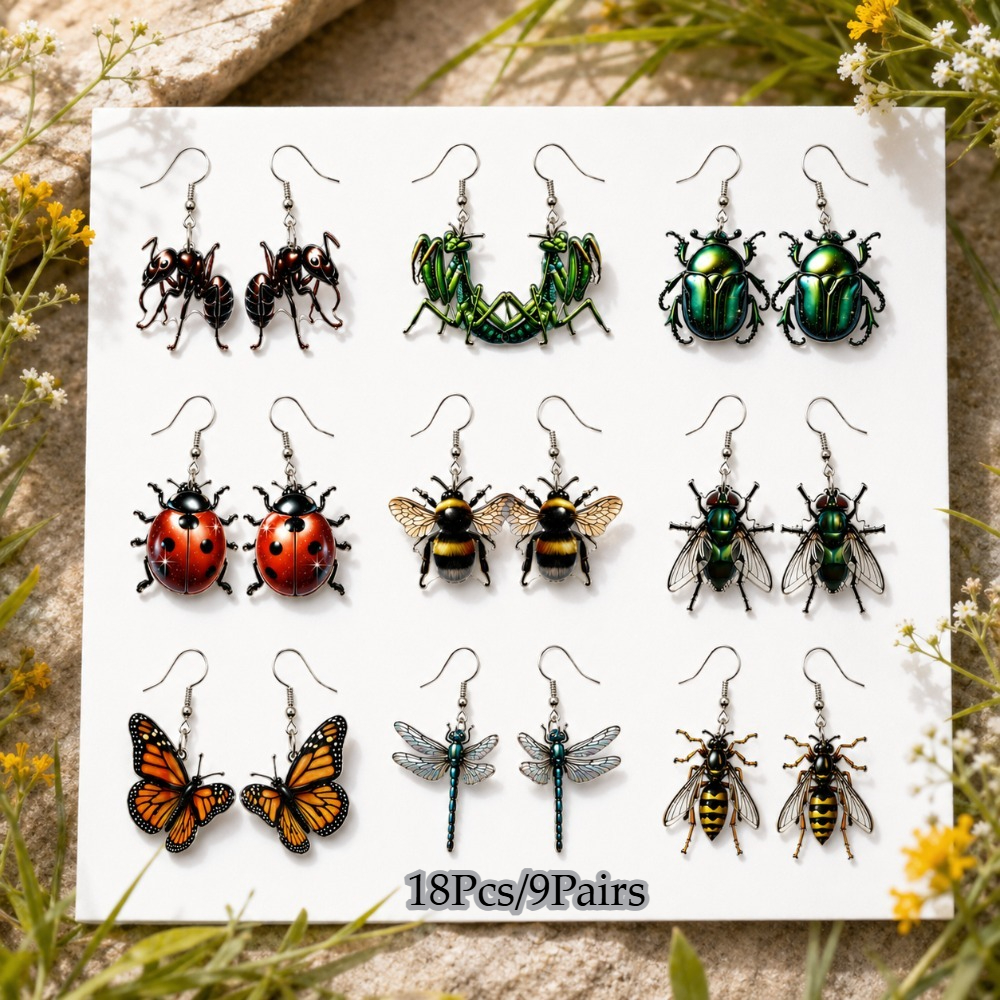 TEMU Set van 18 schattige hangende oorbellen met insecten, acryl bidsprinkhaan, mier, bij, vlieg en lieveheersbeestje, lichtgewicht accessoires met