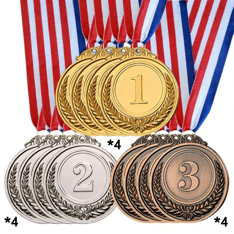 TEMU 12pcs Medals In Golden, Silver, And Bronze Colors - Shiny Metal Material With Colorful Ribbons, Suitable For Events, Parties, Competitions, And