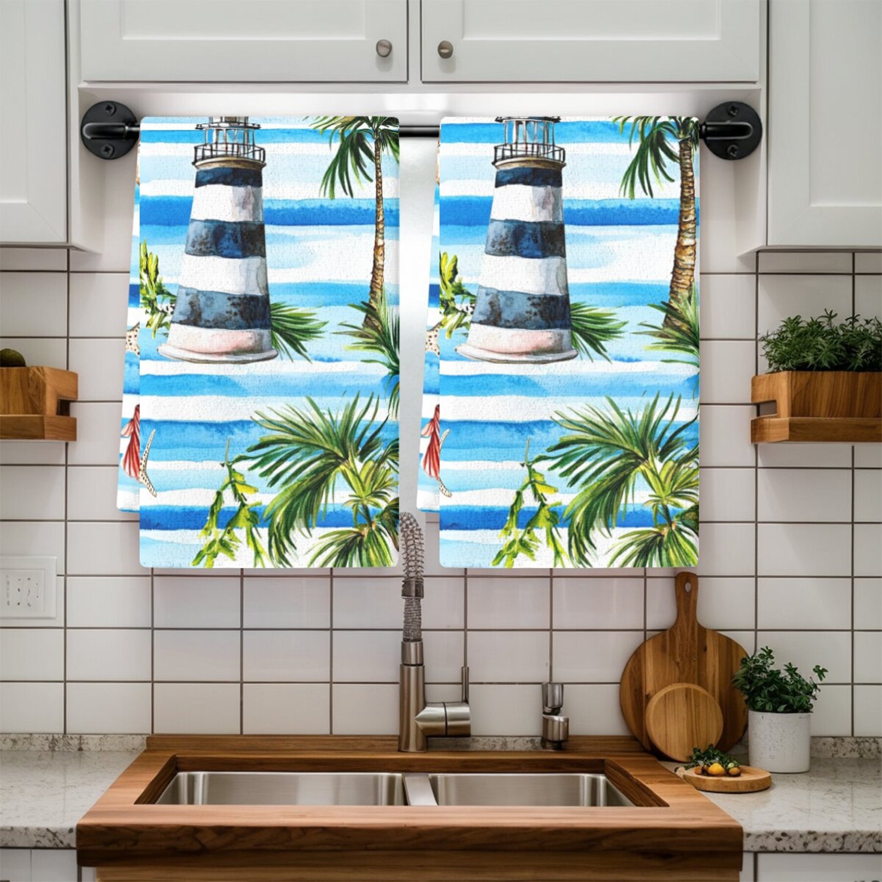 2pcs tropical lighthouse & palm tree kitchen towels - absorbent polyester dish cloths with nautical and  , ideal for home decor and housewarming gifts, hand wash only details 4