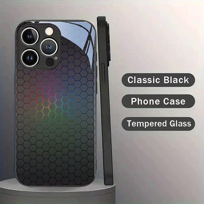 TEMU Phone Case: 2d Flat Iridescent Honeycomb Pattern Tempered Glass Phone Case In Black For Iphone 16/16 Plus/16 Pro/16 Pro Max/ Plus/15 Pro/15 Pro