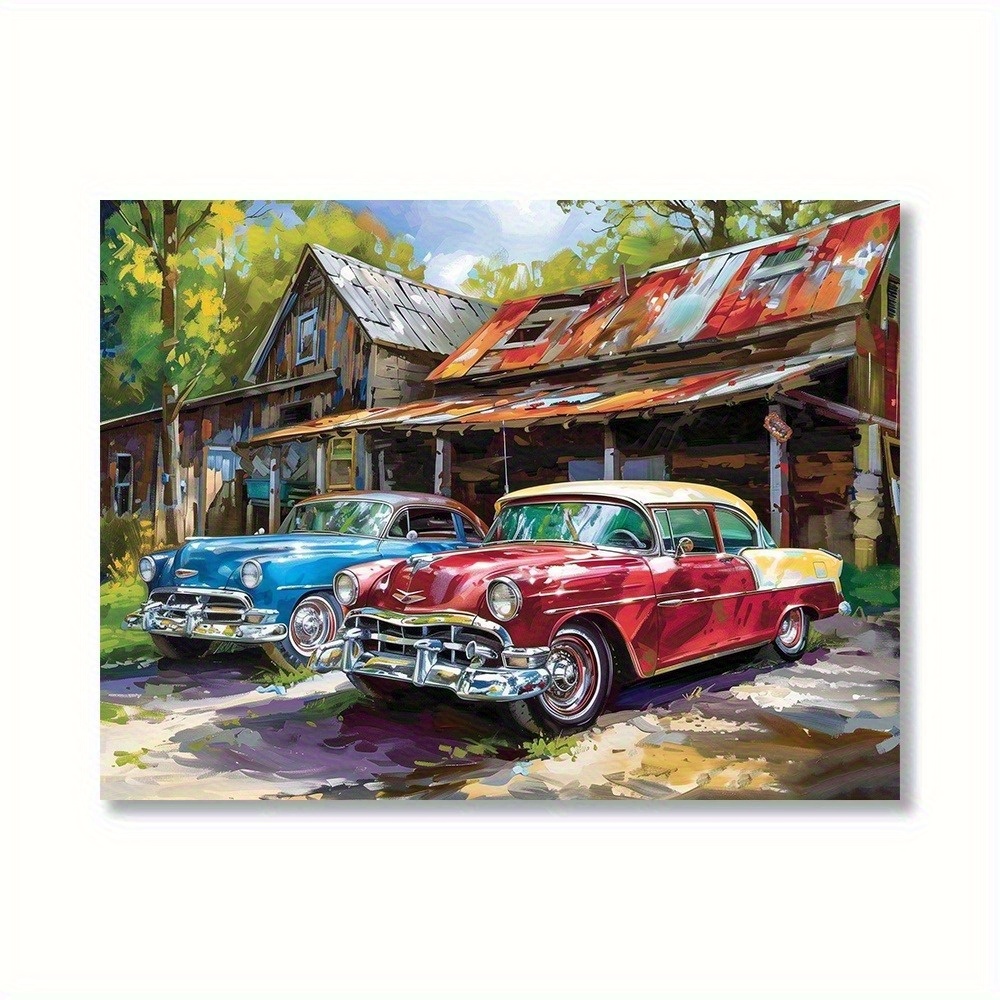 TEMU Impression d'art sur toile de voiture 2D plate, 12X16 pouces, décoration murale de voiture vintage, peinture de voiture rétro cadre, convient