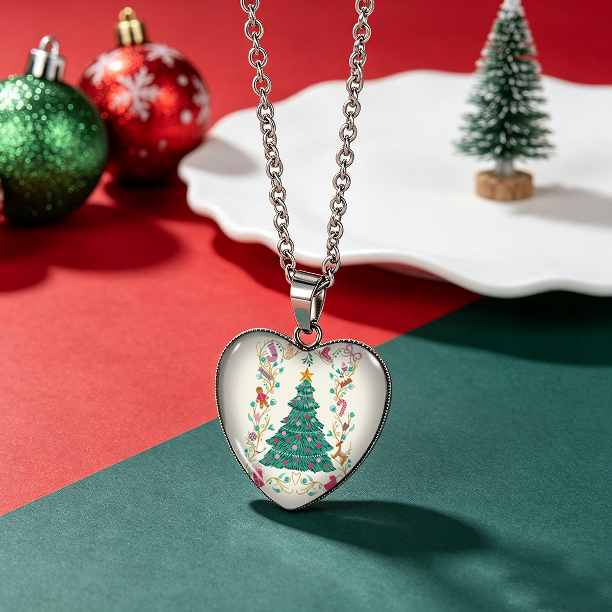 Heart-Shaped Stainless Steel Pendant Necklace, Christmas Tree Design