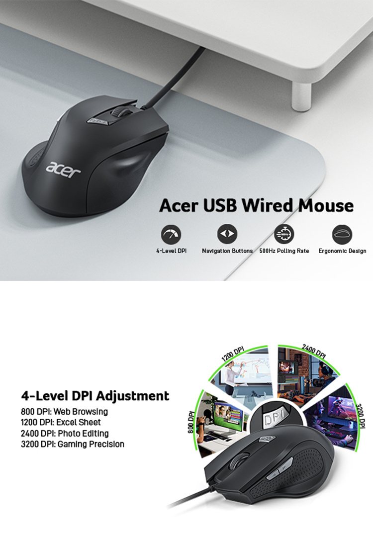 Acer Genuine Product M02 Ergonomic Wired Mouse: 4-level DPI Adjustment, 500Hz Polling Rate, Left/right Click Buttons on Both Sides, Works on Multiple Surfaces, Approximately 1.5-meter Cable, Ideal for Gaming and Office Use, USB Plug-and-play