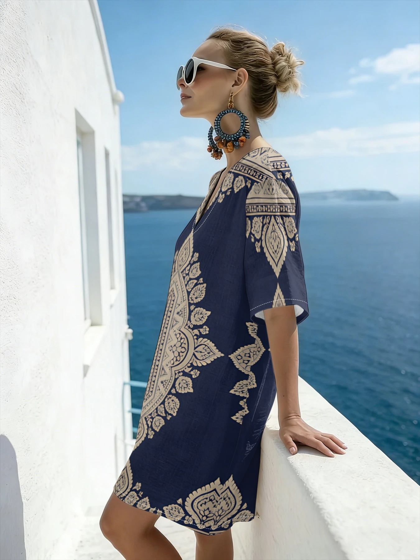 blue ethnic dress for women Women Indian Navy Blue Abstract Printed A-Line Ethnic Dresses L / Navy