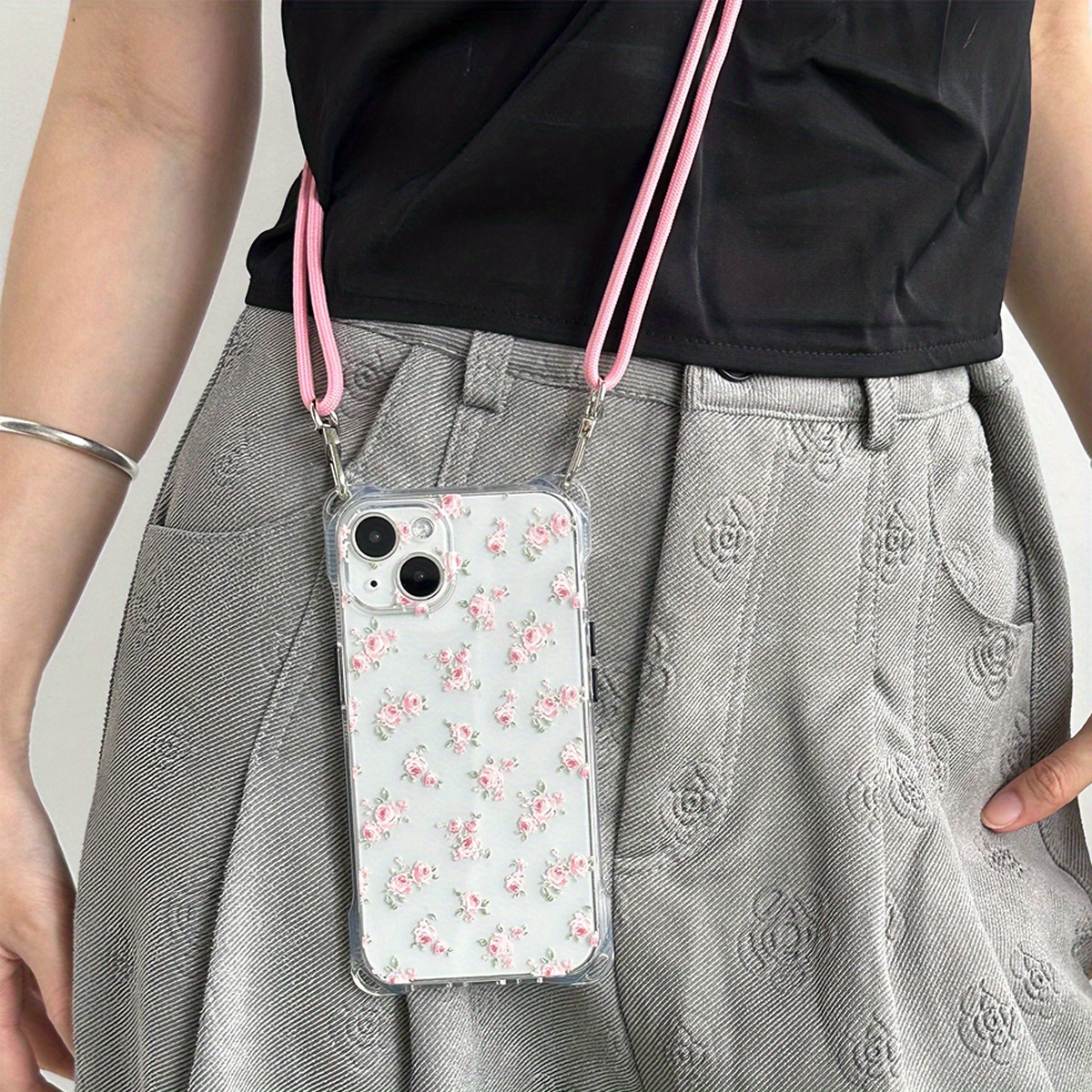 TEMU Étui Téléphone : 1 Étui Transparent avec Lanière et Design Plat Rose, Inclut 1 Bandoulière Ajustable Rose pour Port en Bandoulière. pour la