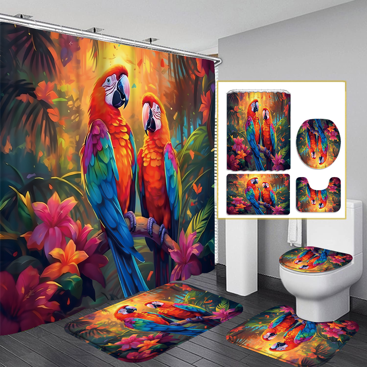 

4 Piece Parrot Shower Curtain Decoration, Beautiful Housewarming Gift Decoration, Waterproof Shower Curtain & Toilet Mat 3 Piece Set With 12 Shower Curtain Hooks