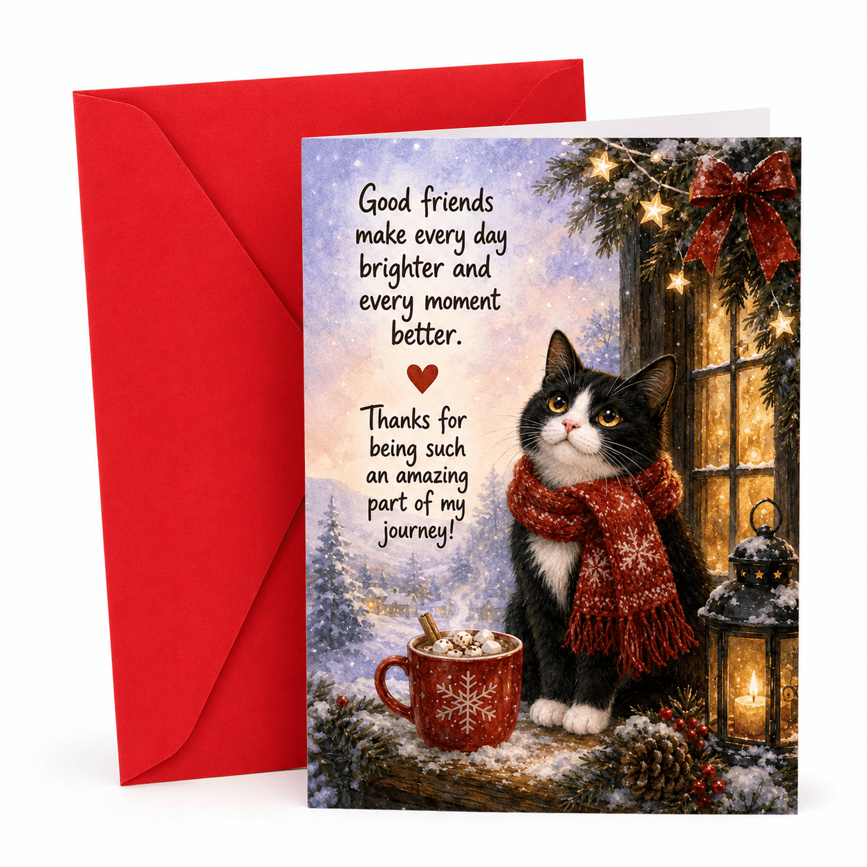 TEMU 1 Set (including Envelope And Postcard) Warm Watercolor Kitten Christmas Card. Text: , . Pattern: Kitten Drinking With Scarf. Ideal Gift For . ,