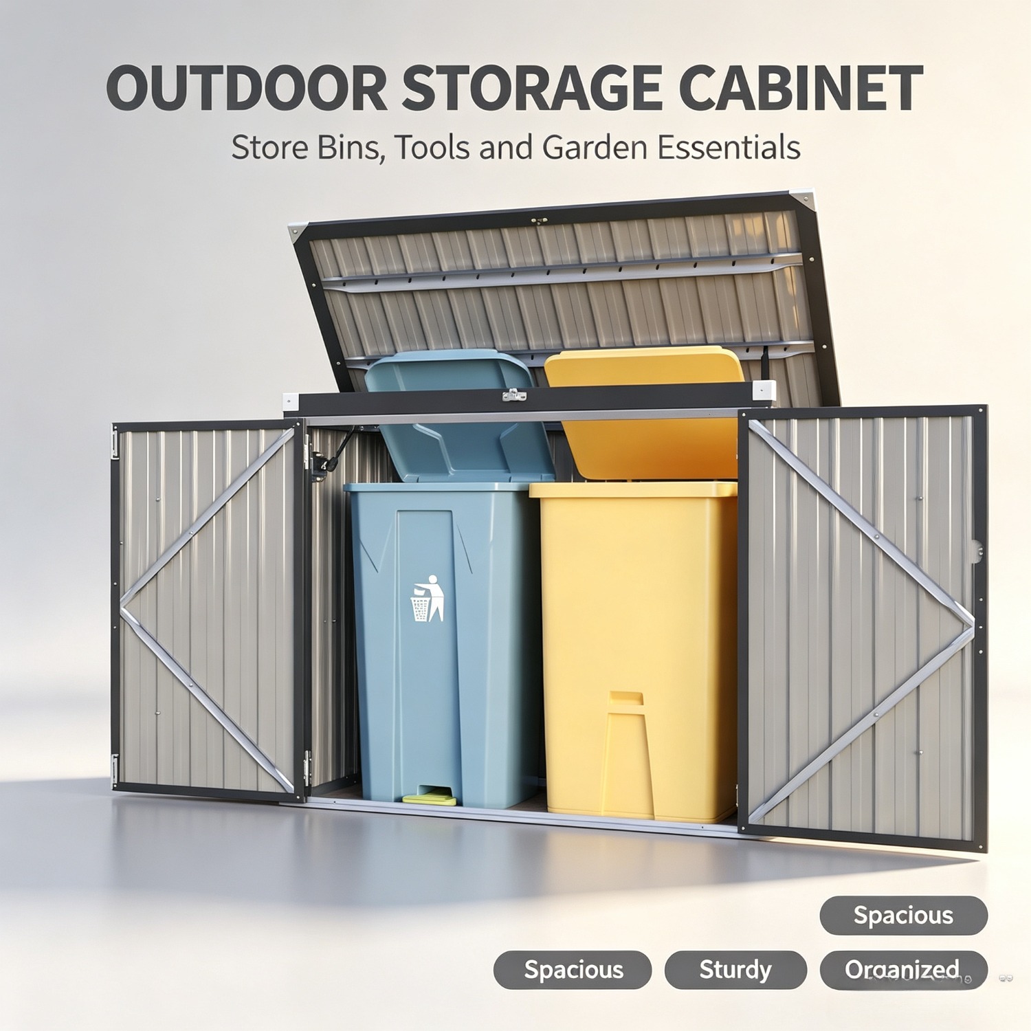 Image of 155x120x85cm Metal Outdoor Storage Shed, Bin Cabinet, Garden Storage Unit With Chain Pull Door And Gas Strut, Front Door And Top Lid Access, Black, Removable Design For Temporary Outdoor Storage
