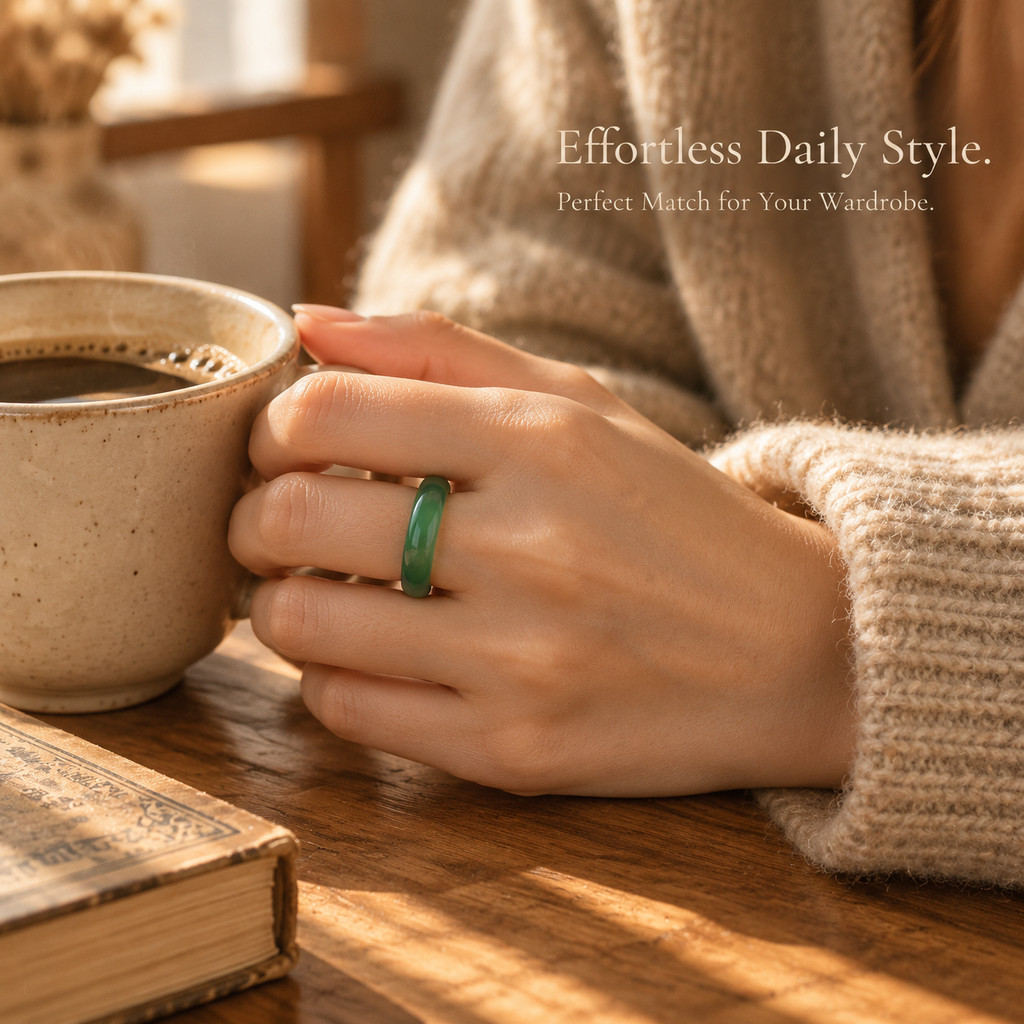 Women's Green Agate Natural Stone Band Ring, Stackable