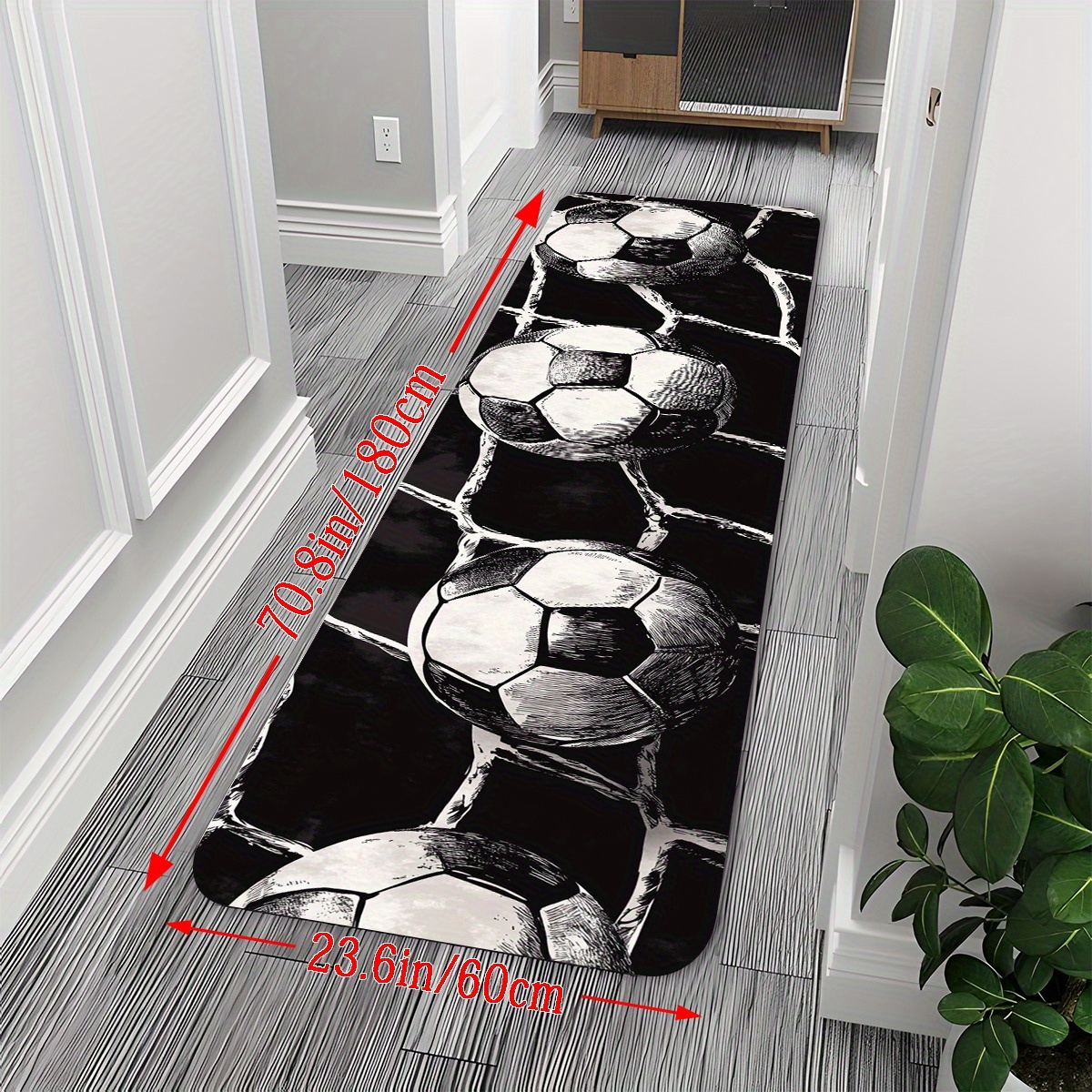 TEMU 1pc Black And White Football Mesh Pattern Runner Rug, Long Carpet For Bathroom, Non-slip Running Mat, Bedside/sofa Area Rug, Kitchen Floor Mat,