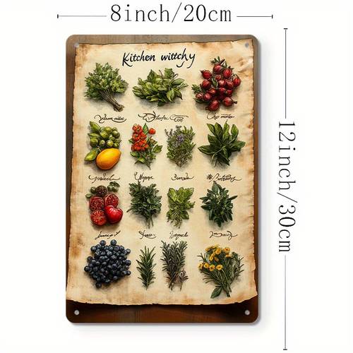 2d flat vintage kitchen herbs metal tin sign rustic wall art for home shop 0x12 0inch featuring kitchen witchy with herbal illustrations pre drilled holes for easy hanging modern or rustic