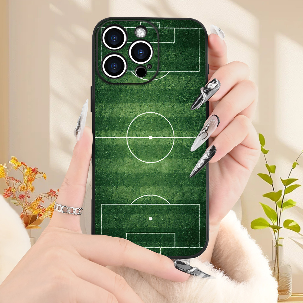TEMU Phone Case: Black Tpu Full-body Anti-drop Phone Case With Creative Soccer Field Design, Offering Protection And A Stylish , Ideal For Gifting