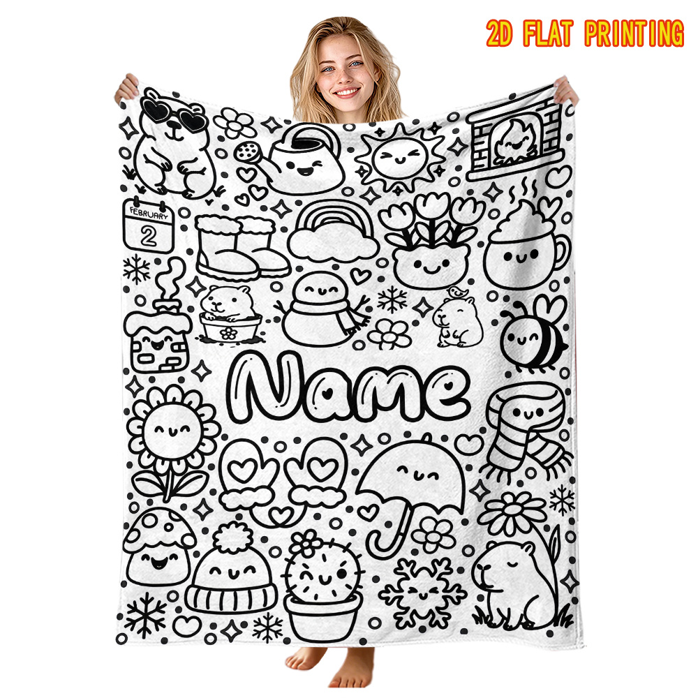 TEMU Diy Coloring Flannel Blanket. Winter Theme Print With Custom Name, Comfortable For Sofa Camping, Creative Birthday Christmas Gift. Coloring Pens