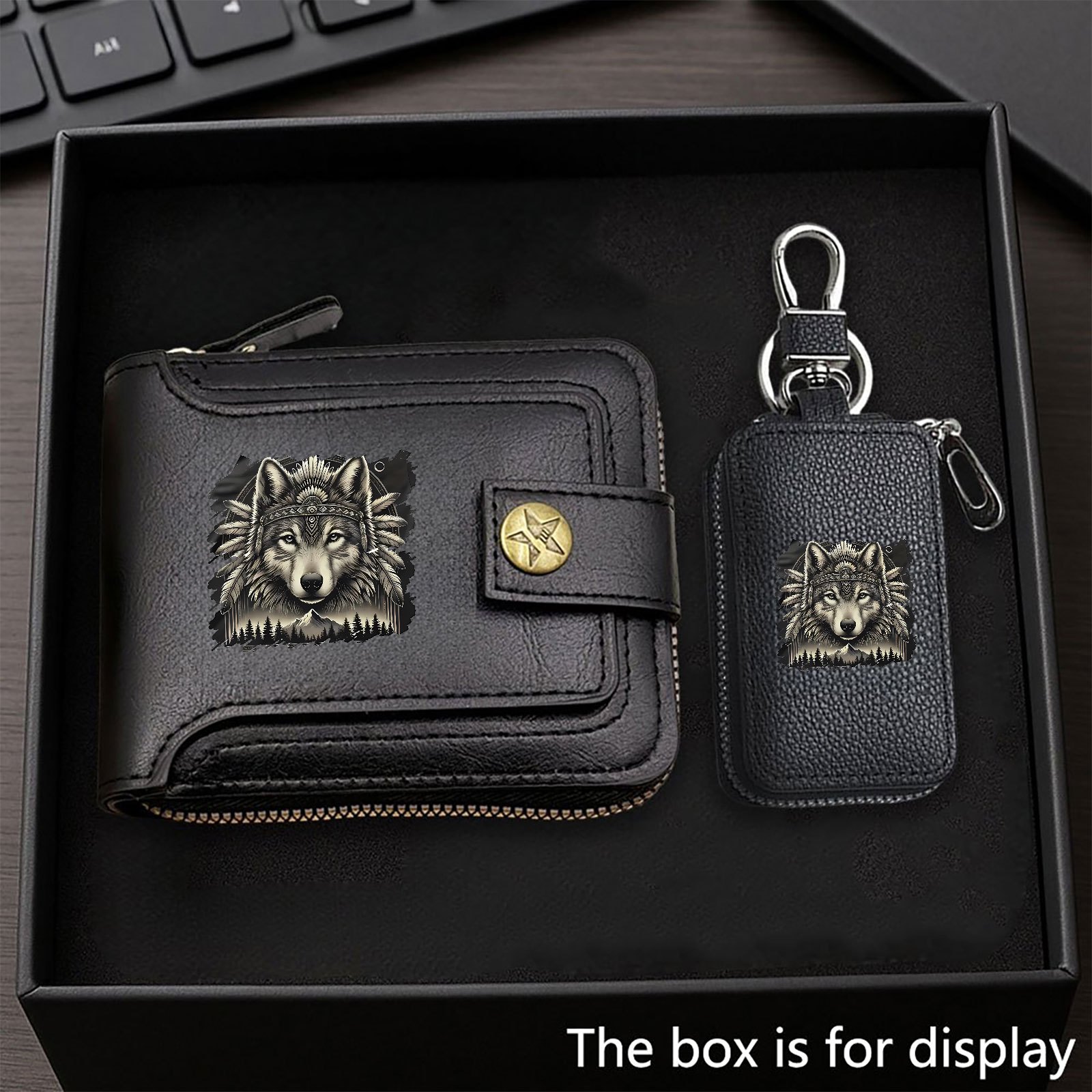 E-shop 2er-Set Geldbörse Schlüsseletui mit Wolf-Design, aus Kunstleder mit stilvollem Design – Ideales Geschenk für Valentinstag, Geburtstage