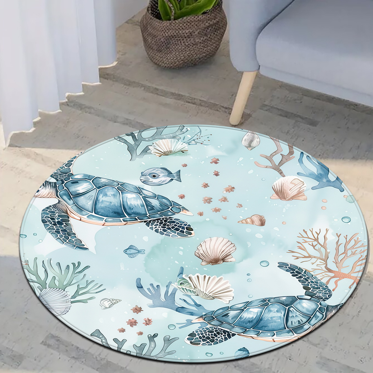 TEMU 1 tapis rond, motif de de de tortue de l'océan, 100% polyester, lavage à uniquement, pour chambre à coucher, salon, décoration intérieure.