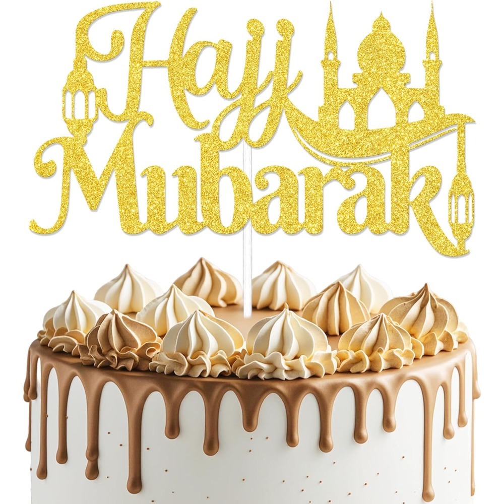 1pc Hajj Mubarak Cake Topper Ramadan Mubarak Cake Decorations Happy Eid Islam Party Decor Festival Anniversary Party Decorstion Supplies Golden Glitter